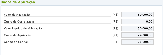 Tela de apuração mostrando cálculo de ganho de capital